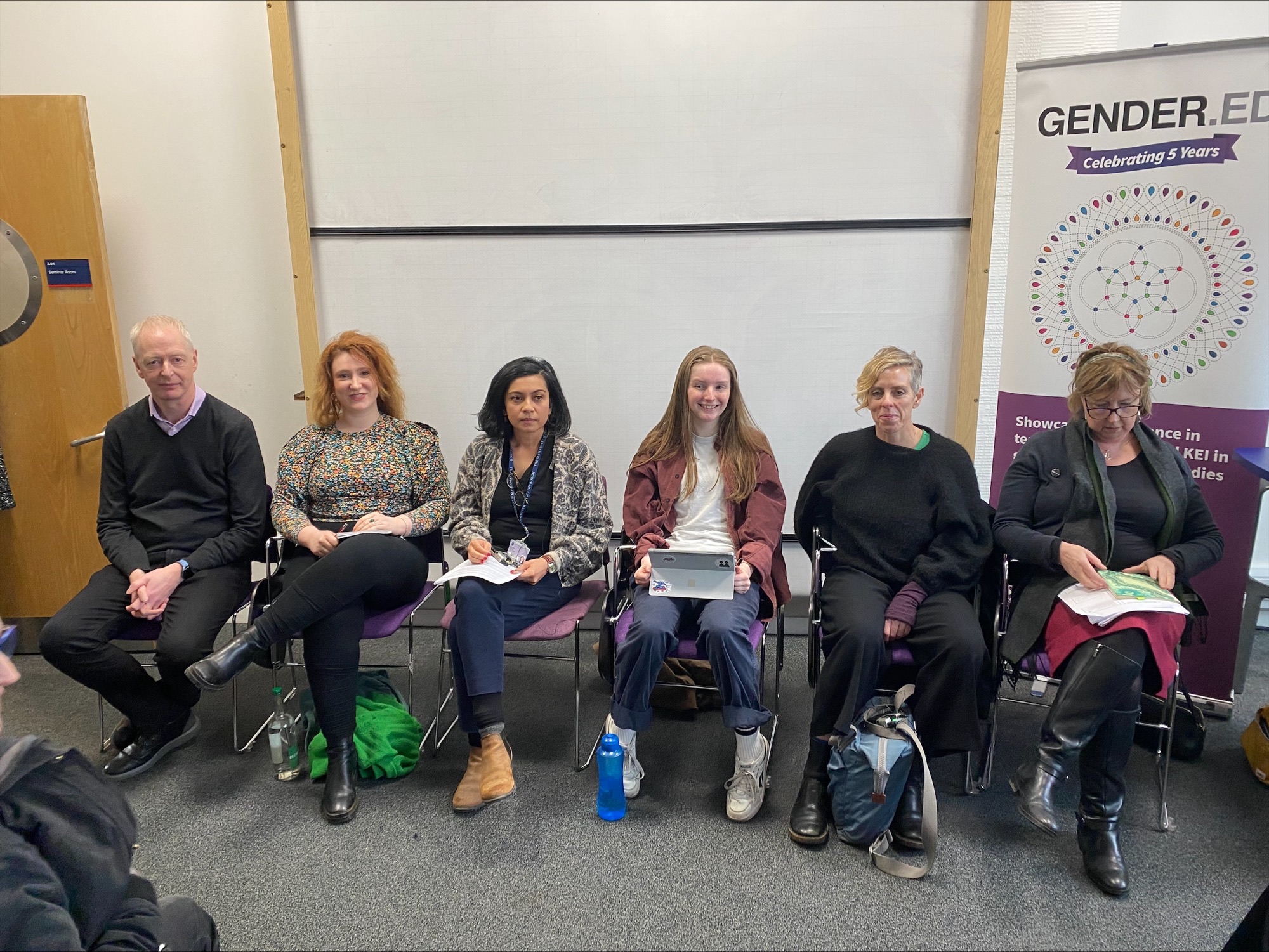 Panel speakers, John Devaney (Head of SPS), Poppy Gerard-Abbott (PhD researcher), Kirsten Hay (Sex? On Campus! Campaign Lead), Professor Sharon Cowan (Edinburgh Law School), and Professor Lesley McAra (IASH) in conversation with our Associate Director Hemangini Gupta