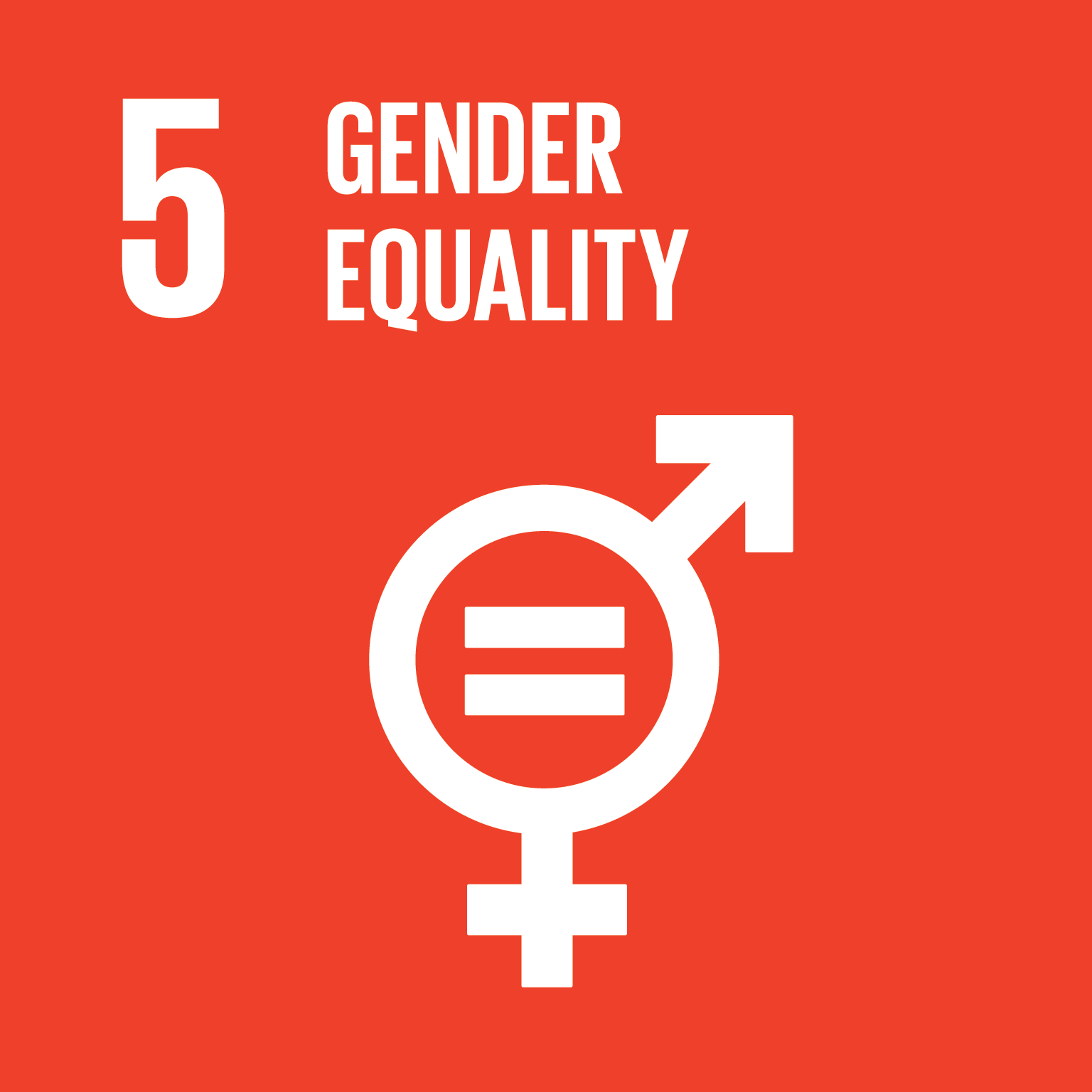 Graphic featuring a bright red background with a large white number 5 followed by the text ‘GENDER EQUALITY’. Below the text is a combined gender symbol representing equality between men and women.