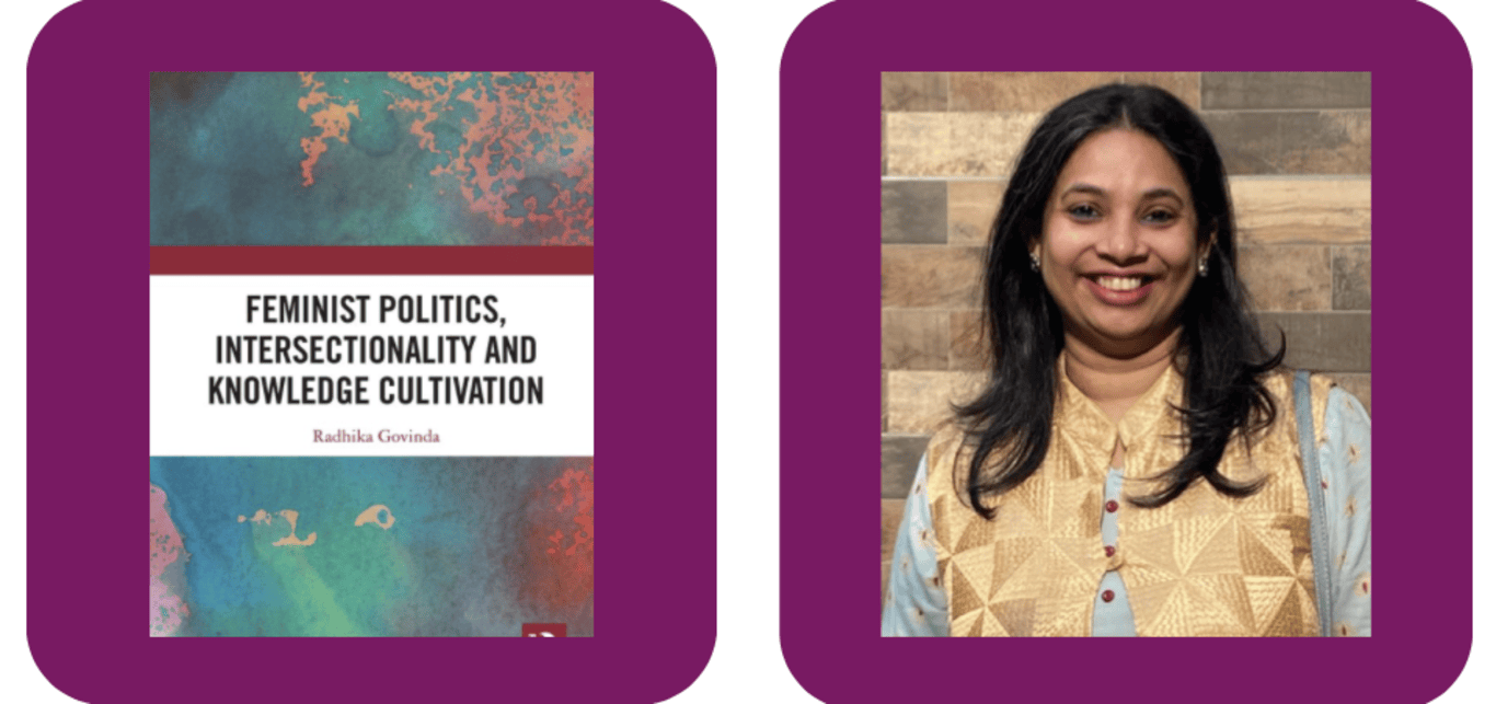 Split between Prof. Rukmini Sen and cover of Feminist Politics, Intersectionality and Knowledge Cultivation.