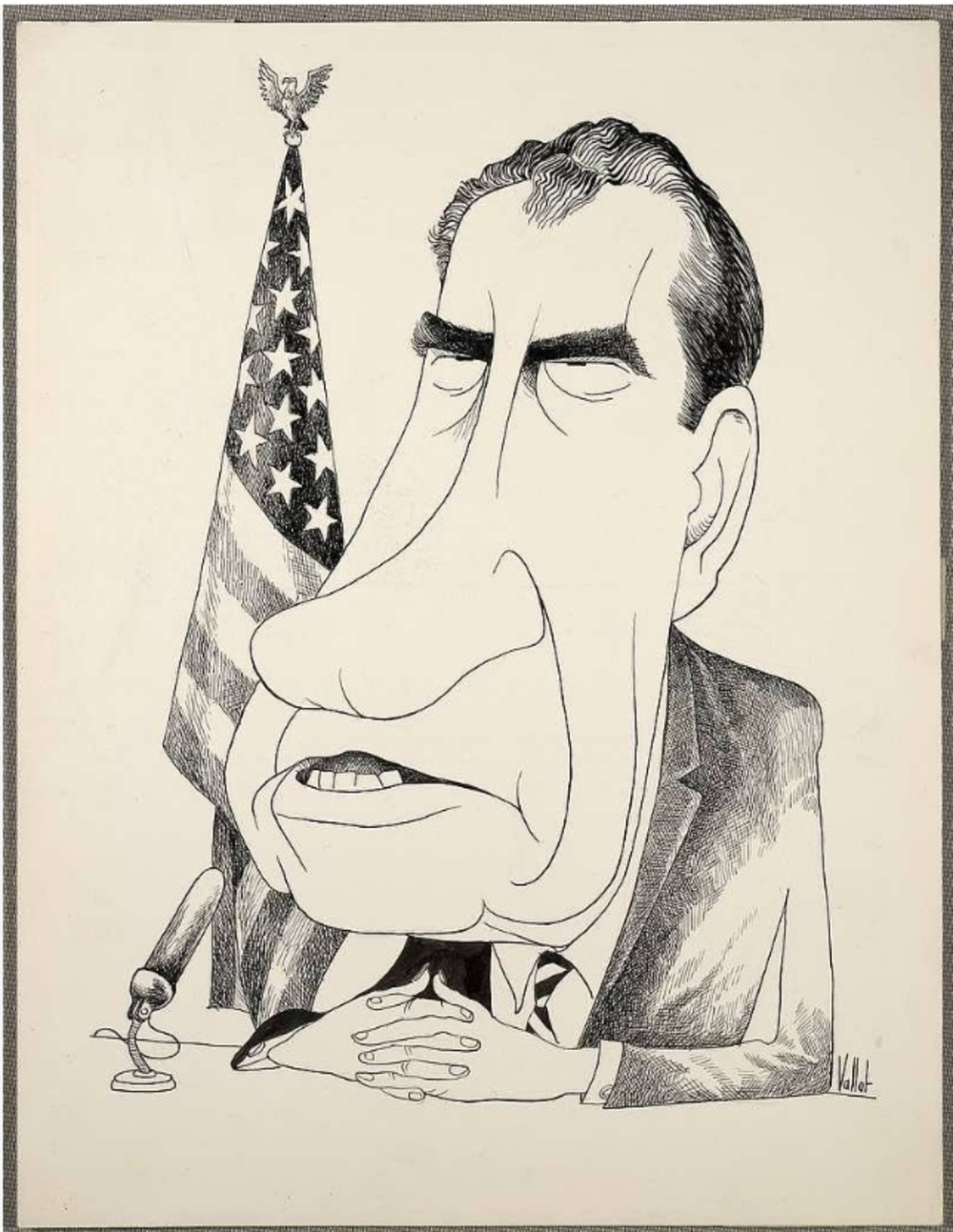 Black and white caricature drawing of President Nixon, with an American flag behind him.