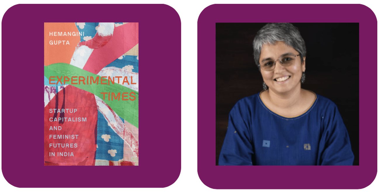 Purple background split between a photo of Janaki Srinivasan and the cover of Experimental Times