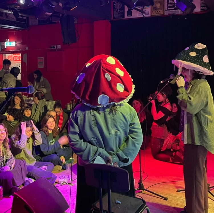 Image Taken at the Open Mic night - A lively open mic event in a dimly lit venue with red and purple lighting. The Two Hosts stand on stage wearing oversized mushroom hats—one red with white spots and the other black with pink spots.. One person speaks into a microphone while the other stands beside them holding papers. The seated audience, dressed casually, watches attentively and smiles. A photographer crouches near the stage, capturing the moment