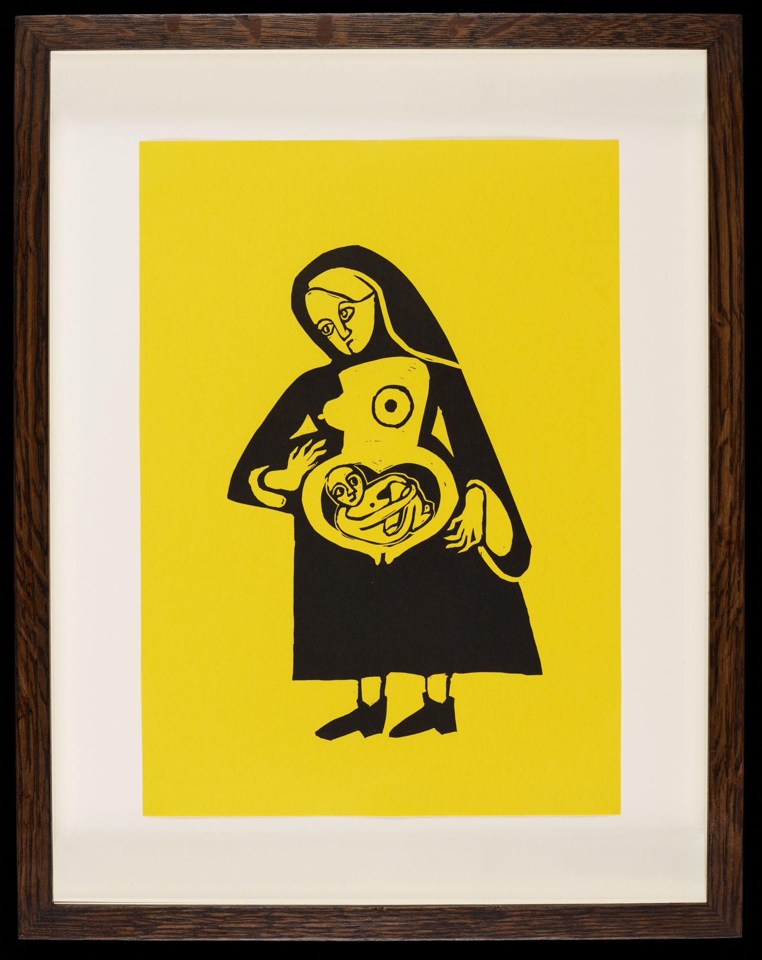 Art work featuring a woman wearing a long black dress. We can see through to her belly and there is a baby inside it. 