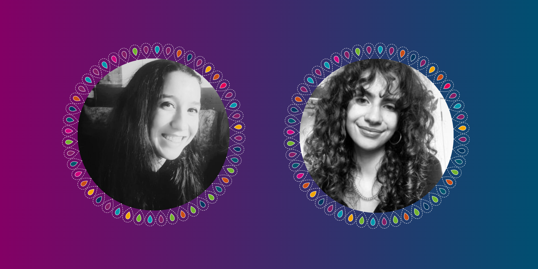 A photo featurng a headshot of former GENDER.ED Interns, Maéva Thibeault and Mouna Chatt. Each of their photos are surrounded by a colorful frame. 