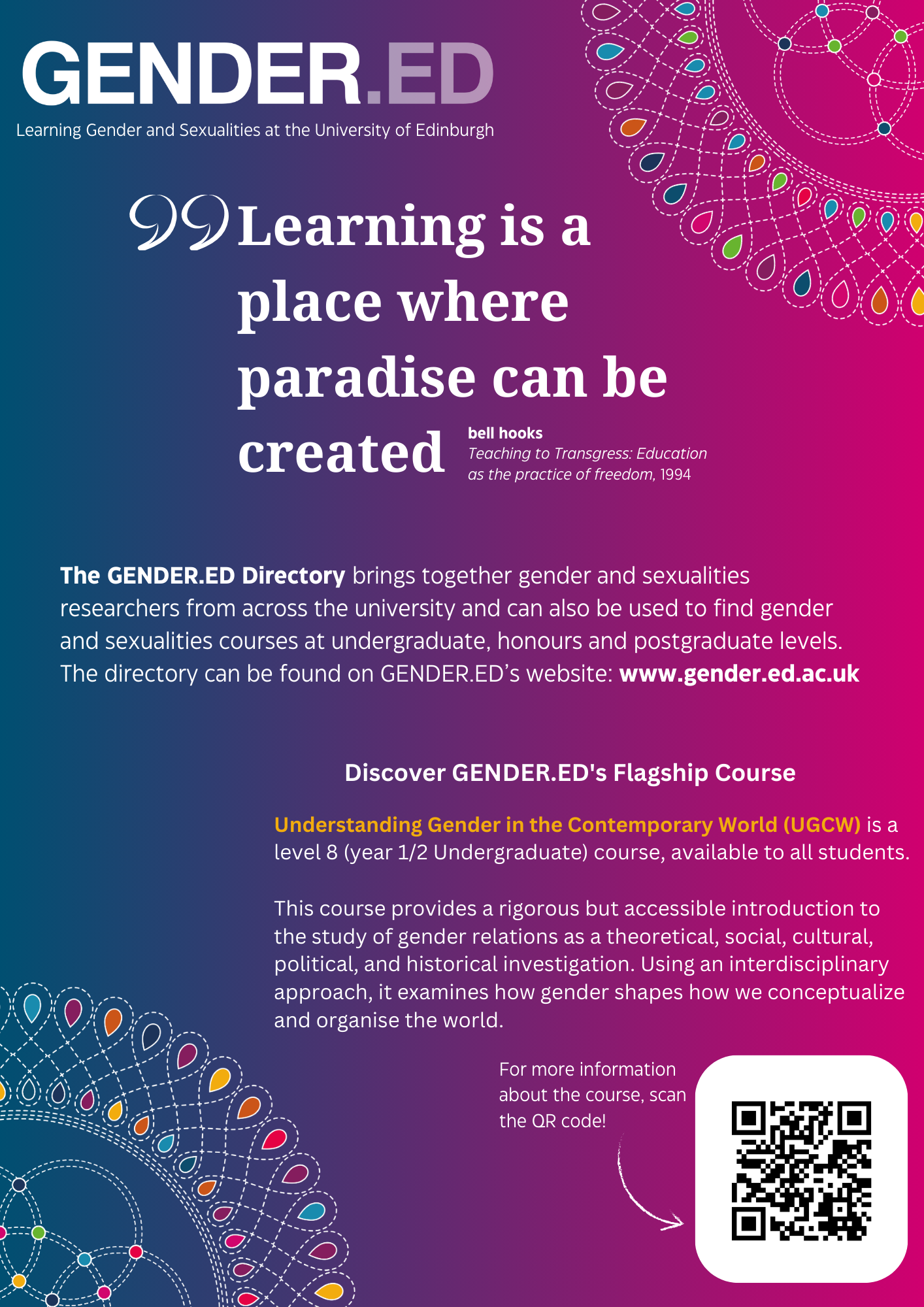 Flyer with a quote by bell hooks and a summary of GENDER.ED's flagship course, Understanding Gender in the Contemporary World
