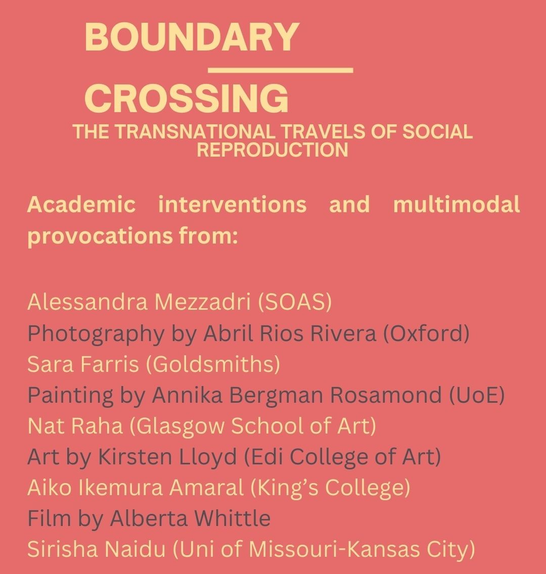 Poster of the boundary crossing seminar listing all the speakers. It reads Boundary Crossing: The Transnational Travels of Social Reproduction at the top.