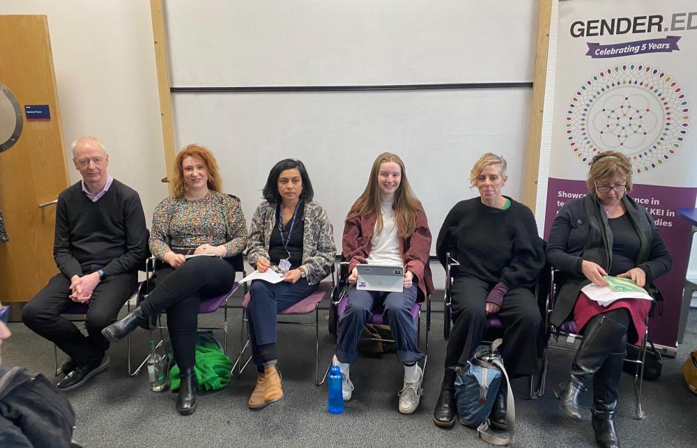 Panel speakers, John Devaney (Head of SPS), Poppy Gerard-Abbott (PhD researcher), Kirsten Hay (Sex? On Campus! Campaign Lead), Professor Sharon Cowan (Edinburgh Law School), and Professor Lesley McAra (IASH) in conversation with our Associate Director Hemangini Gupta