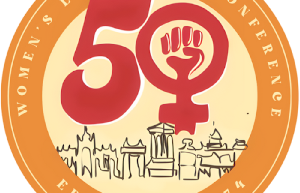 Badge for conference with an orange border and red lettering