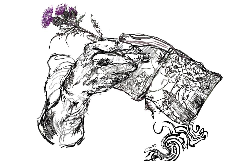 Drawing of a hand using a thistle as a pen whilst writing in a notebook. 