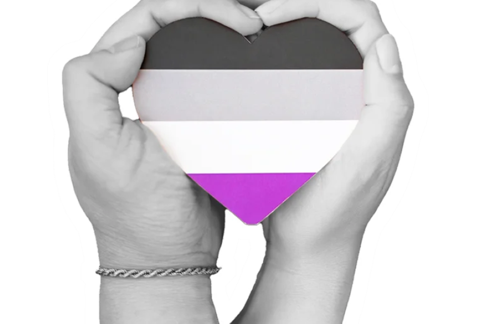 Image of two hands in the shape of a heart with the asexual spectrum flag in the middle. 