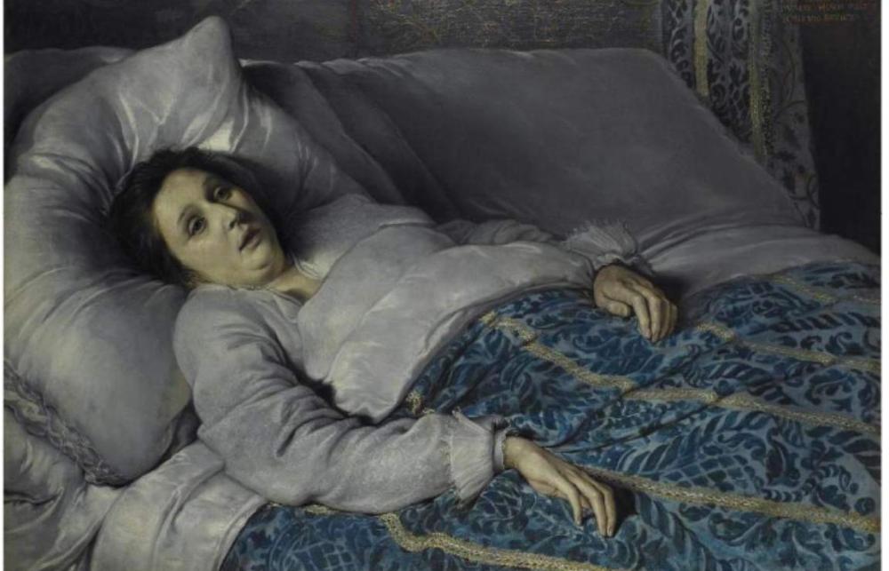 Anonymous Flemish master, 'Young woman on her deathbed', c.1621. The woman is lying in a bed underneath a blanket with her hands on top of the blanket. Her head is rested on a big pillow.