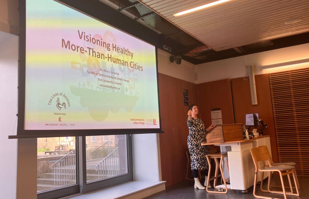 Photo of Dr Alice Hovorka talking at the lecture. She is wearing a dress with a pattern and has her hand out while talking. There is a screen behind her that reads 'visioning healthy more than human cities'. There are two chairs in front of her and a window behind the screen.
