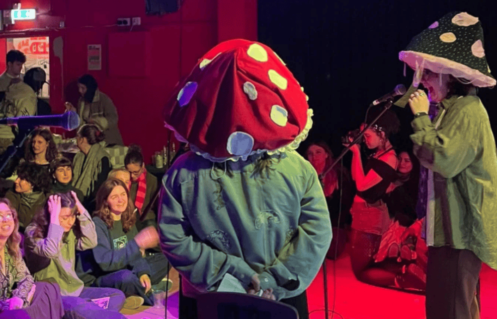 Image Taken at the Open Mic night - A lively open mic event in a dimly lit venue with red and purple lighting. The Two Hosts stand on stage wearing oversized mushroom hats—one red with white spots and the other black with pink spots.. One person speaks into a microphone while the other stands beside them holding papers. The seated audience, dressed casually, watches attentively and smiles. A photographer crouches near the stage, capturing the moment.