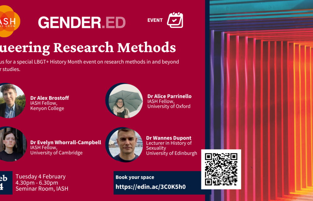 Poster for the Queering Research Method event. The poster reads 'Queering Research Methods' and has a circular photo of all the panelists below. At the bottom of the poster is the time and date for the event (Feb 4th) and a QR code to book your space at the event. At the right-hand side of the poster is a photo of some wooden panels/doors in the colours of the rainbow.