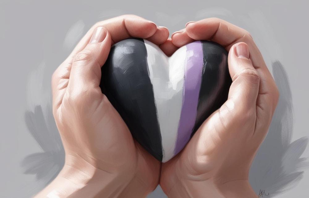 Picture of the asexual flag in the shape of a heart embraced by two hands. 