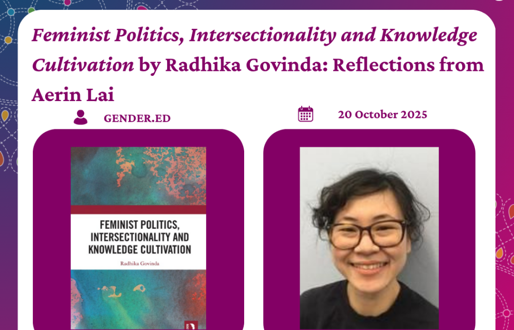 Purple background split between a photo of Aerin Lai and the cover of Feminist Politics, Intersectionality and Knowledge Cultivation