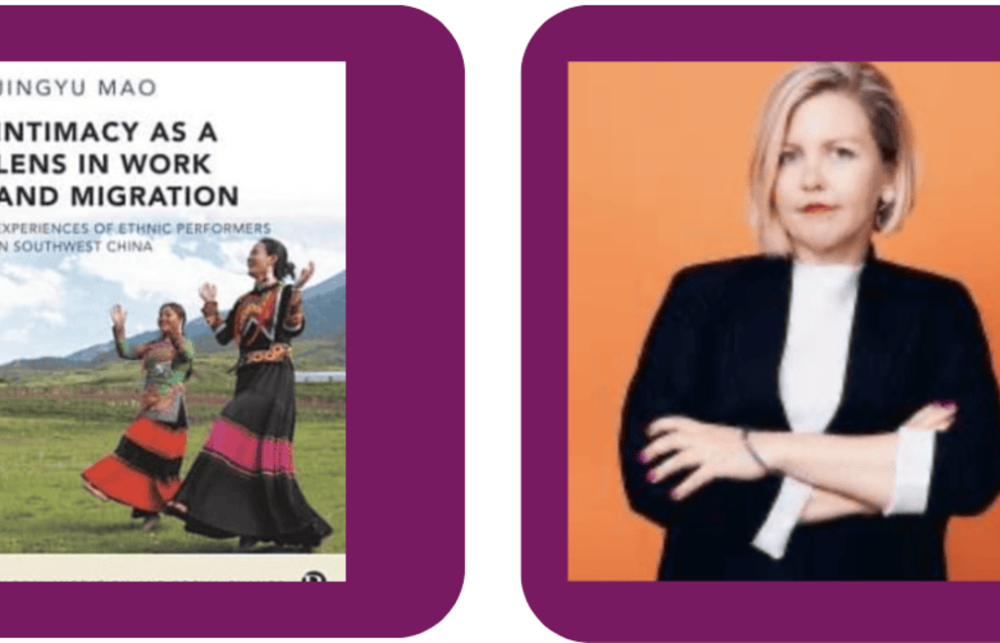 Purple background split between a photo of Dr Suvi Rautio and the cover of Intimacy as a Lens in Work and Migration