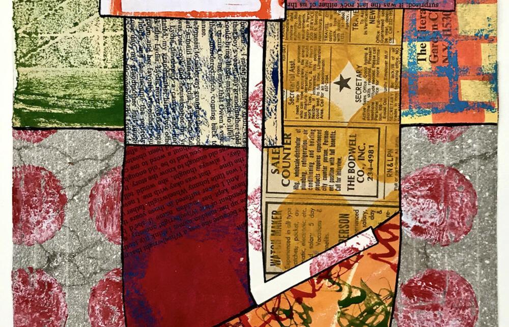 Image includes a collage of different coloured and patterned pieces of art.