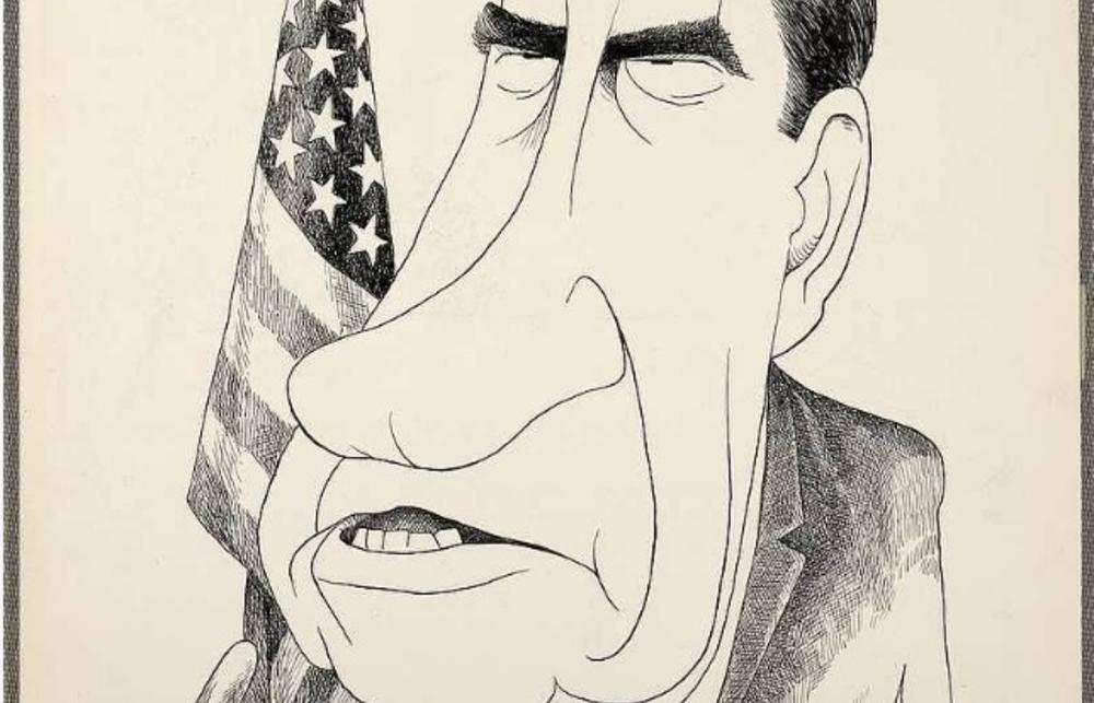 Black and white caricature drawing of President Nixon, with an American flag behind him.