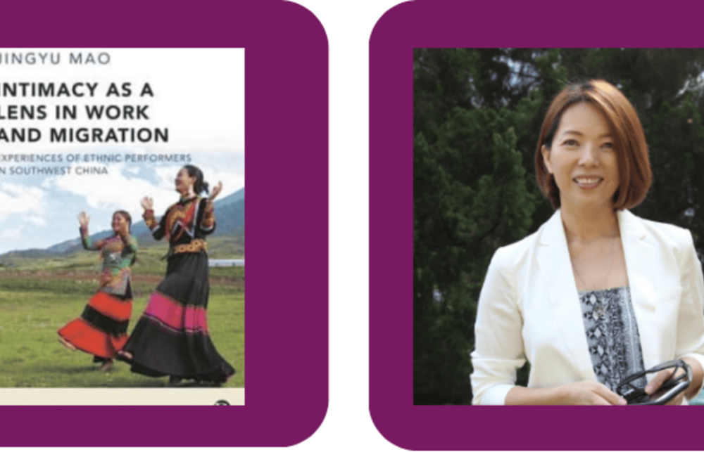 Purple background split between a photo of Prof. Susanne Yuk Ping Choi  and the cover of Intimacy as a Lens in Work and Migration