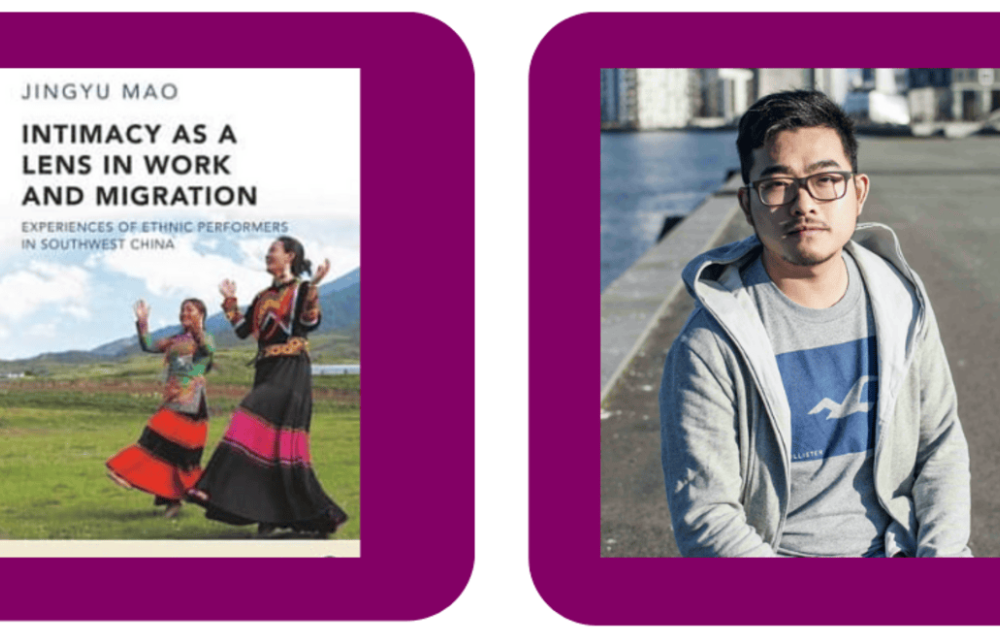 Photo of the front cover of Jingyu Mao's book and a photo of Guanyu Jason Ran against a purple background