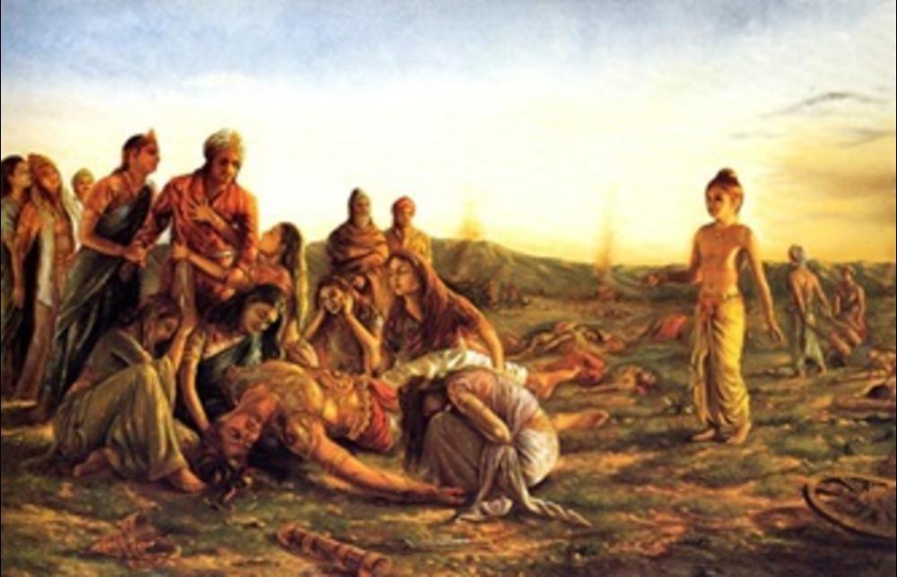 Painting of a group of people grieving at the death of one of the characters of the Mahabharata